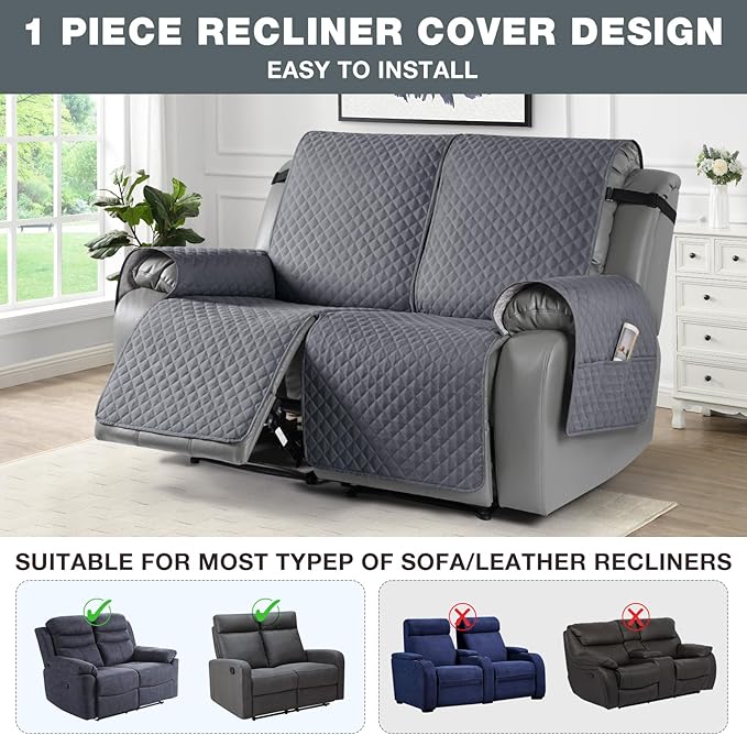 TAOCOCO Loveseat Recliner Cover Non-Slip Sofa Slipcover, Pet Cover for Loveseat Recliner with Elastic Straps, Washable Reclining Loveseat Cover Recliner Furniture Protector (2 Seater, Dark Grey)