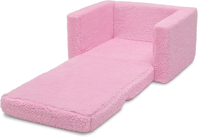 Delta Children Cozee Flip-Out Sherpa 2-in-1 Convertible Chair to Lounger for Kids, Pink