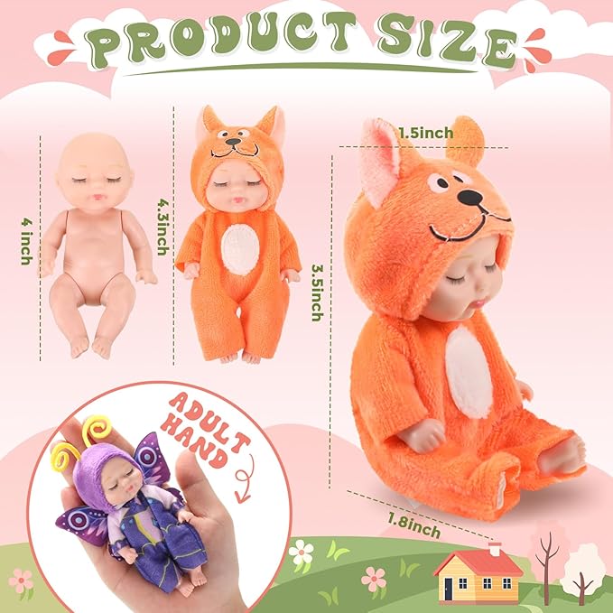 Hanaive 10 Pcs 4 Inch Mini Baby Dolls Lifelike Realistic Tiny Baby Dolls with Animal Clothes Cute Infant Figurine Gifts Set for Toddlers Girls Kids 3+ Easter Graduation Birthday(Cute Style)