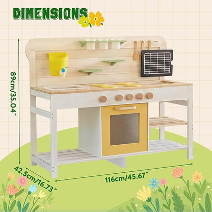 Giant bean Mud Kitchen for Kids Outdoor, Deluxe Wooden Toy Play Kitchen Set, with Sand and Water Sink, Blackboard and Kitchen Accessories for Boys and Girls Ages 3-8 Indoor & Outdoor Activities