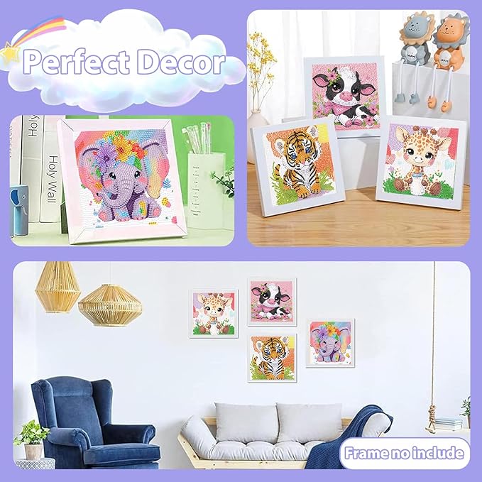 hkejoi 4 Pack Diamond Painting Kits with Box Animal Diamond Art Kits, Big Gem Diamond Painting Arts and Crafts Painting Kit for Gift Home Decor 6x6inch