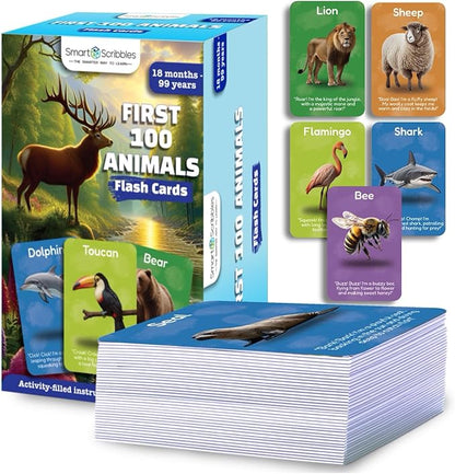 Smart Scribbles Thick Flash Cards for Toddlers - First 100 Animals, Montessori Learning Toys & Educational Games, Ages 18 Months-99 Years, Home Schooling, Travel & Speech Therapy Toys
