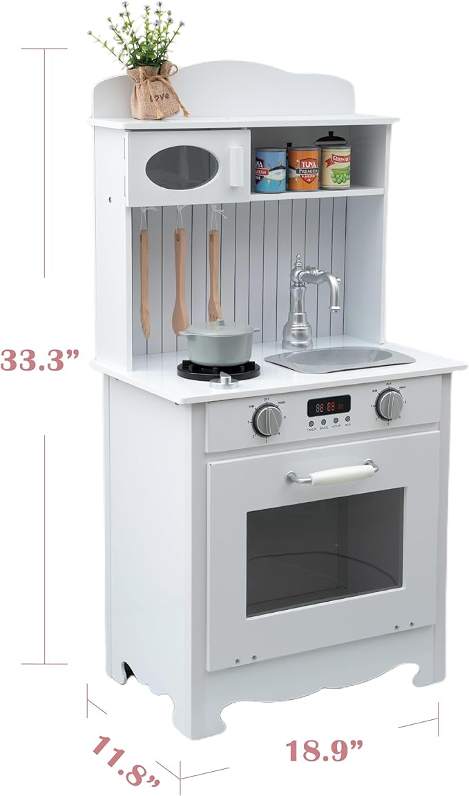 Play Kitchen for Kids, Wooden Kids Play Kitchen Playset Chef Pretend Play Set for Toddlers with Real Lights & Sounds, Toys Kitchen with 6pcs Cooking Accessories