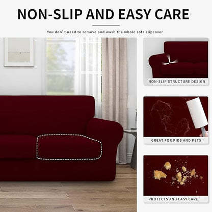 Easy-Going 100% Dual Waterproof Oversized Loveseat Cover Stretch Soft Couch Cover for Dogs, Sofa Slipcover for 2 Separate Cushion Couch Leakproof Furniture Protector for Kids, Pets Wine