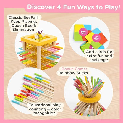 Nene Toys BeeFall Wooden Tower Game for Kids 3+ – 4-in-1 Stick Drop Bee Game with Dice & Action Cards, Rainbow Sticks Ring – Montessori Board Game for Family Game Night, Fine Motor Skills