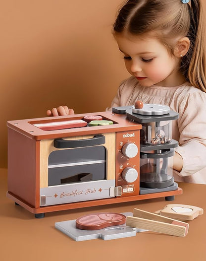 ROBUD Toddler Kitchen Playset - Wooden Breakfast Set with Coffee Maker, Toaster, Griddle, Play Food - Realistic Pretend Play Kitchen Appliance and Accessories for Kids Ages 3+ Boys and Girls (Caramel)