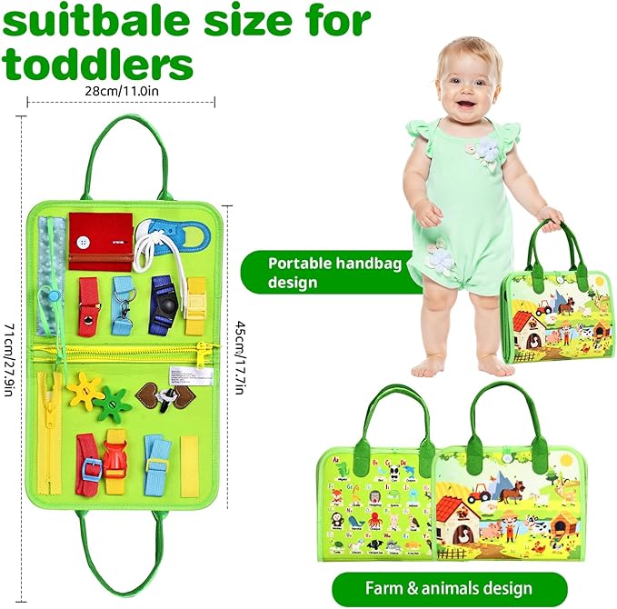 JHkim Busy Board Montessori Toys for Toddlers 1-3, Birthday Gifts for 1 2 3 4 Year Old Boy Girl, Autism Sensory Travel Toy, Educational Activity Busy Book Board, Learning Fine Motor Skills Toys, Green