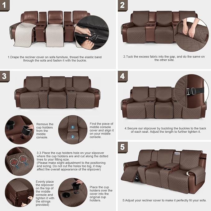 KinCam100% Waterproof Recliner Sofa Cover with Console, Non-Slip Recliner Couch Covers for 3 Seat, Reclining Sofa Cover Furniture Protector with Elastic Straps for Kids, Pets, Brown