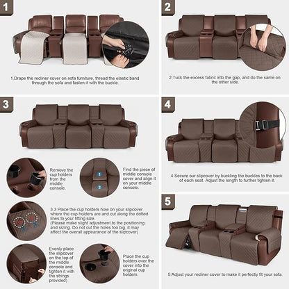 KinCam100% Waterproof Recliner Sofa Cover with Console, Non-Slip Recliner Couch Covers for 3 Seat, Reclining Sofa Cover Furniture Protector with Elastic Straps for Kids, Pets, Brown