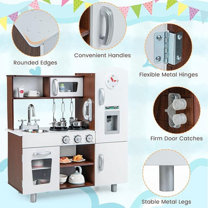 KOTEK Play Kitchen Set for Kids, Wooden Toddler Kitchen Playset with Water Dispenser w/Lights Sounds, Stove, Oven, Fridge, Microwave & Sink, Gift Chef Pretend Play Toy for Girls Boys (Walnut+White)