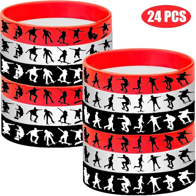 24PCS Skateboard Themed Rubber Bracelets Sport Wristbands Party Supplies Birthday Baby Shower Party Favors