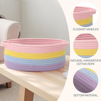 JMvicyroam Woven Basket,Small Rope Storage Bin with Handles & Ribbon Bag, Organizer for Shelves Closets,Gift Basket Empty for Birthday,Books,Dog Toys, Rainbow