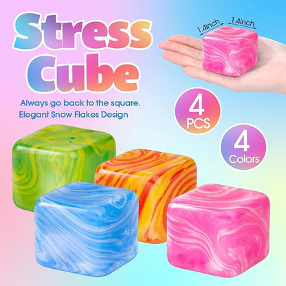 4 Pcs Fidget Stress Cube Bulk Ice Cube Stress Ball Anxiety Relief Soft Squeeze Sensory Ball for Party Favors Prizes Goodie Bag Stuffers (Pink,Blue,Green,Orange)