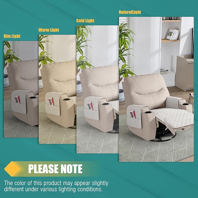 Ruaozz Waterproof Recliner Chair Covers Non Slip Chair Covers Recliner Seat Cover with Arms Washable Recliner Covers for Reclining Chair with Pocket, Covers for Recliner Chair (Beige, Small-22'')