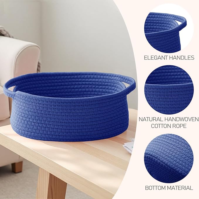 JMvicyroam Woven Basket,Small Rope Storage Bin with Handles & Ribbon Bag, Organizer for Shelves Closets,Gift Basket Empty for Birthday,Books,Dog Toys, Navy Blue/2 Pack