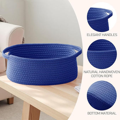 JMvicyroam Woven Basket,Small Rope Storage Bin with Handles & Ribbon Bag, Organizer for Shelves Closets,Gift Basket Empty for Birthday,Books,Dog Toys, Navy Blue/2 Pack
