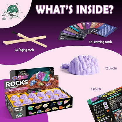 Byncceh Mineral Mining Kit Rock Mining Kit Gem Dig Kit - Dig up 12 Rock & Mineral Collection Gemstones & Crystals Dig Kit for Kids Gemology Mining Gift Rocks Minerals, Excavation Toys for Boys Girls