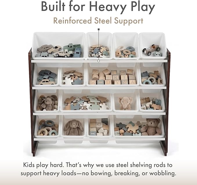 Humble Crew Toy Storage Organizer with 16 Removable Storage Bins for Kids Playroom, 4-Tier Toddler Toy Organization and Storage, Espresso/White