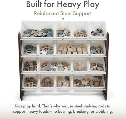 Humble Crew Toy Storage Organizer with 16 Removable Storage Bins for Kids Playroom, 4-Tier Toddler Toy Organization and Storage, Espresso/White