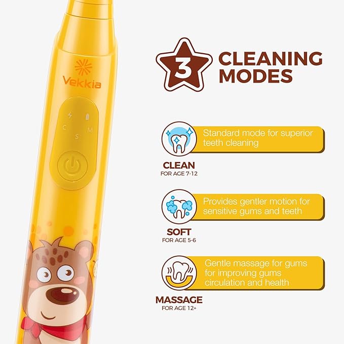 Vekkia Sonic Rechargeable Kids Electric Toothbrush, 3 Modes with Memory, Fun & Easy Cleaning, 24000 Strokes, IPX7 Waterproof, 2-Min Timer for Age 5+, 4 Soft Bristles(Yellow)