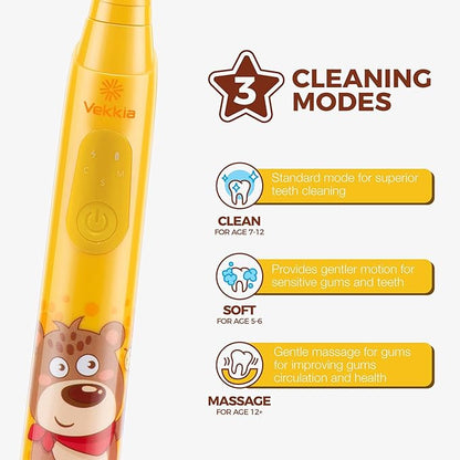 Vekkia Sonic Rechargeable Kids Electric Toothbrush, 3 Modes with Memory, Fun & Easy Cleaning, 24000 Strokes, IPX7 Waterproof, 2-Min Timer for Age 5+, 4 Soft Bristles(Yellow)