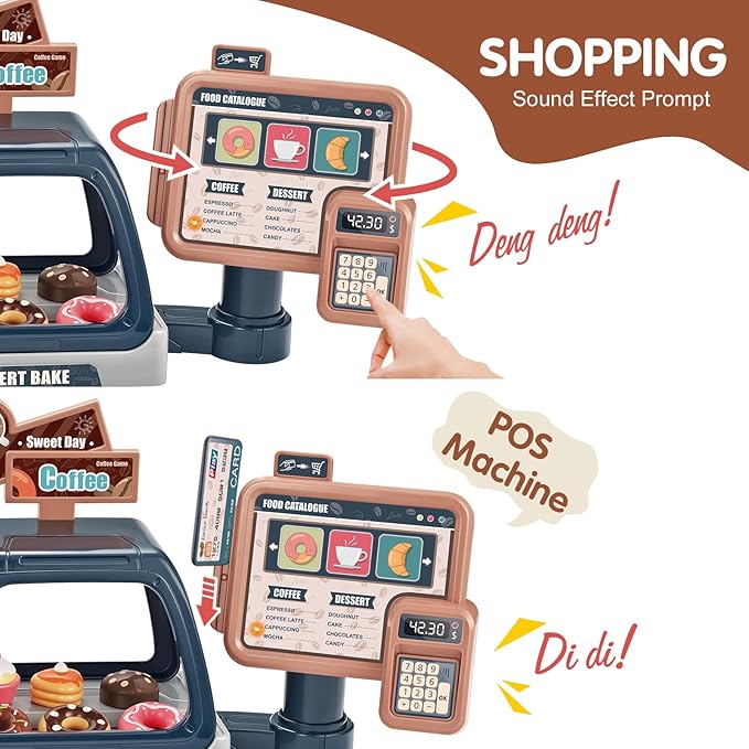 Pretend Role Play Toy Kids Coffee Maker Playset, ACROFEK Toy Coffee Maker with Sound Light, Play Coffee Maker Set for Kids with Fake Donuts (41PCS)