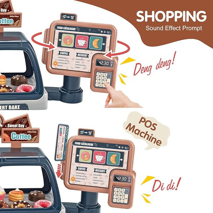 Pretend Role Play Toy Kids Coffee Maker Playset, ACROFEK Toy Coffee Maker with Sound Light, Play Coffee Maker Set for Kids with Fake Donuts (41PCS)