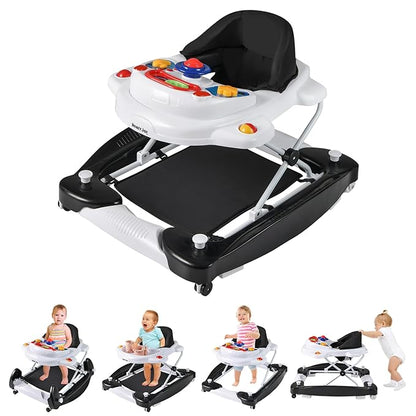 HONEY JOY Baby Walker, 6-in-1 Foldable Baby Walker and Bouncer Combo, Infant Activity Walker with Wheels, Adjustable Heights, Rocker, Music, Lights, Walker for Baby Boy Girl 7-14 Months (Black)