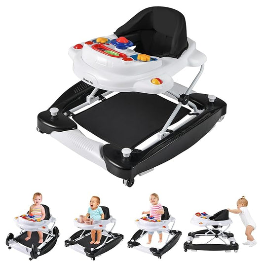 HONEY JOY Baby Walker, 6-in-1 Foldable Baby Walker and Bouncer Combo, Infant Activity Walker with Wheels, Adjustable Heights, Rocker, Music, Lights, Walker for Baby Boy Girl 7-14 Months (Black)