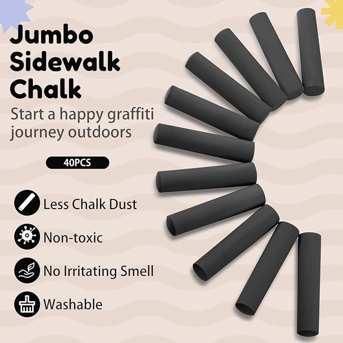 Fulmoon 40 Pcs Jumbo Sidewalk Chalk for Kids Outdoor Art Non Toxic Large Washable Street Chalk for Adults Drawing Painting Graffiti Classroom(Black,Round Style)