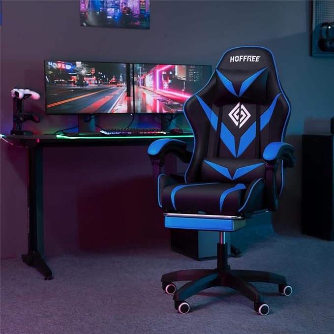 HOFFREE Massage Gaming Chair for Kids Computer Gamer Chair with Footrest and Lumbar Support Reclining PC Game Chair with Headrest for Gaming Room Blue and Black
