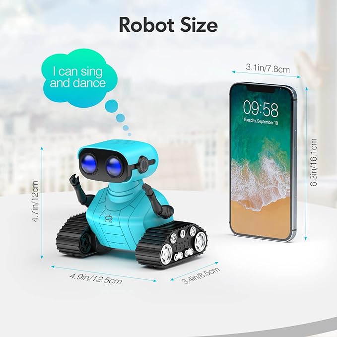 ALLCELE Robot Toys, Rechargeable RC Robots for Kids Boys, Remote Control Toy with Music and LED Eyes, Gift for Children Age 3 Years and Up - Blue