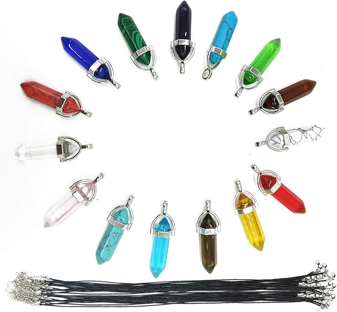 TIHOOD 30PCS/Set DIY Healing Pointed Chakra Beads Crystals Stone Random Color Beads Pendant for Pendant Necklace Jewelry Making with Black Leather Necklace Chain