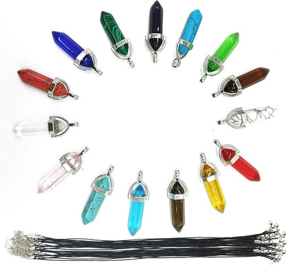 TIHOOD 30PCS/Set DIY Healing Pointed Chakra Beads Crystals Stone Random Color Beads Pendant for Pendant Necklace Jewelry Making with Black Leather Necklace Chain