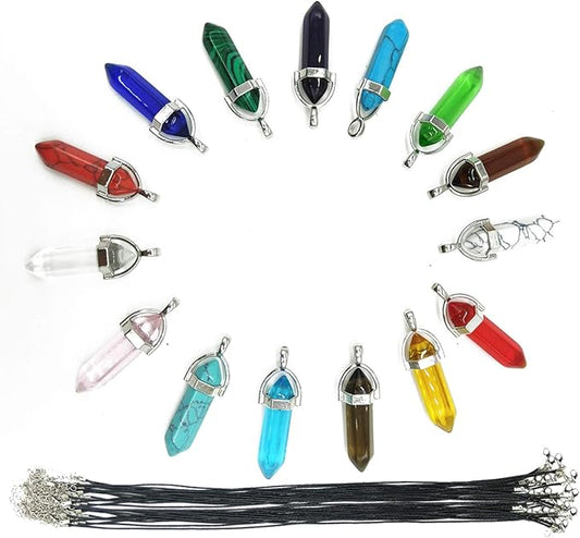 TIHOOD 30PCS/Set DIY Healing Pointed Chakra Beads Crystals Stone Random Color Beads Pendant for Pendant Necklace Jewelry Making with Black Leather Necklace Chain