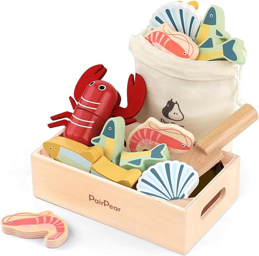 PairPear Wooden Play Food Cutting Seafood Set - Toddlers Wooden Toy Food Pretend Play Kitchen Accessories for 3 Years Old Boys Girls Early Education Toys Gift
