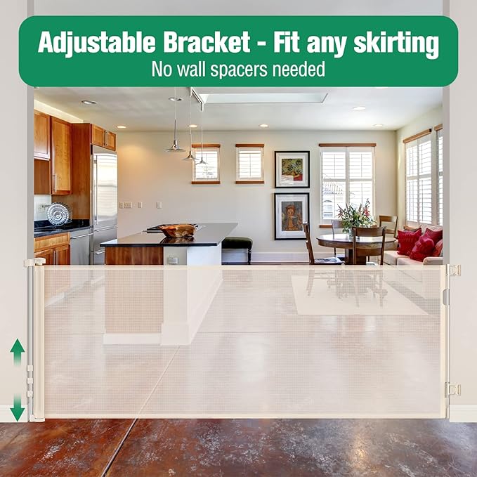 110 Inch Extra Wide Retractable Baby Gate for Large Openings Pet Gates for Dogs Indoor Retractable Baby Gates Outdoor Dog Gates for The House Extra Wide Baby Gate Large Dog Gate for Doorways, Beige