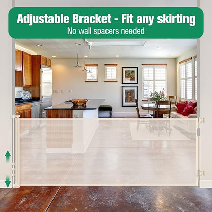 110 Inch Extra Wide Retractable Baby Gate for Large Openings Pet Gates for Dogs Indoor Retractable Baby Gates Outdoor Dog Gates for The House Extra Wide Baby Gate Large Dog Gate for Doorways, Beige