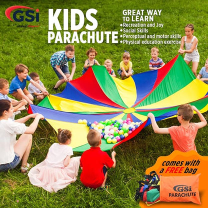 GSi Kids Play Parachute Rainbow Parachute Toy Tent Game for Children Gymnastics Cooperative Play and Outdoor Playground Activities (24 Feet)