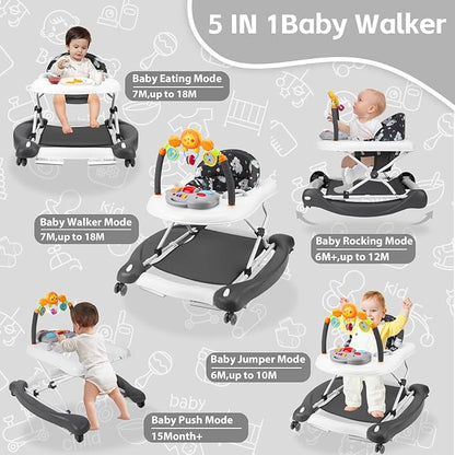 Baby Walker, 5 in 1 Baby Walkers for Boys Girls 6-12 Months, Foldable Walkers for Babies with Bouncer & Feeding Tray, Music, Adjustable Heights, Activity Walker for Infant