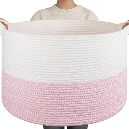 OIAHOMY 90L XXXLarge Blanket Basket for Living Room, 21.7" x 13.8" Woven Cotton Rope Laundry Basket for Organizing Pillows, Decorative Stuffed Animal Toy Storage Bin for Nursery, White and Pink