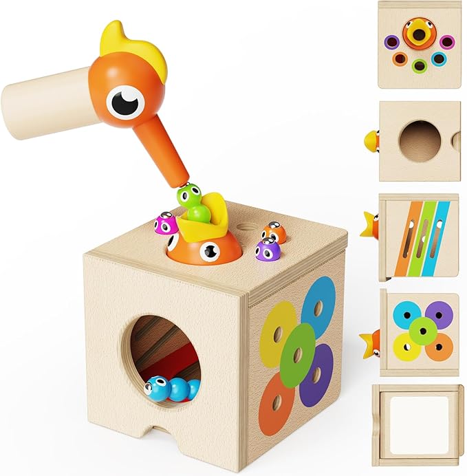 Montessori Toys for 1-3 Year Old – 5-in-1 Wooden Activity Cube with Magnetic Bird Feeding Game, Woodpecker Toy, Busy Toy for Fine Motor Skills, Shape Sorter & Color Matching, Toddler Gift 18M+