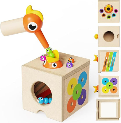Montessori Toys for 1-3 Year Old – 5-in-1 Wooden Activity Cube with Magnetic Bird Feeding Game, Woodpecker Toy, Busy Toy for Fine Motor Skills, Shape Sorter & Color Matching, Toddler Gift 18M+