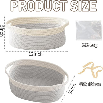 JMvicyroam Woven Basket,Small Rope Storage Bin with Handles & Ribbon Bag, Organizer for Shelves Closets,Gift Basket Empty for Birthday,Books,Dog Toys, White&Grey/2 Pack