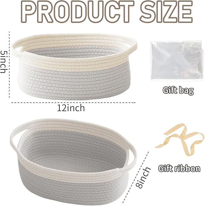 JMvicyroam Woven Basket,Small Rope Storage Bin with Handles & Ribbon Bag, Organizer for Shelves Closets,Gift Basket Empty for Birthday,Books,Dog Toys, White&Grey