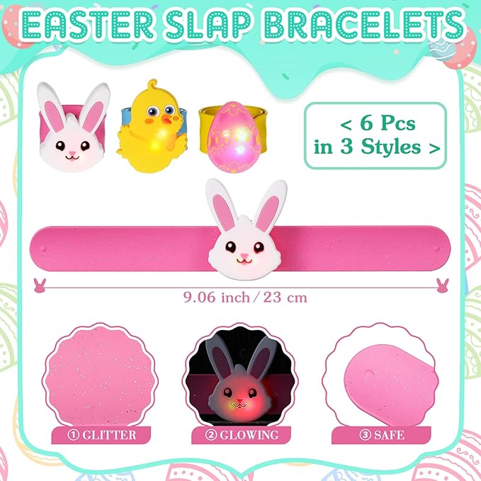 6 Pcs Kids Light Up Slap Bracelets Gifts LED Party Favors Glow Snap Bracelet Glitter Wrist Bands for Bunny Eggs Chicks Silicone Bands Easter Basket Fillers