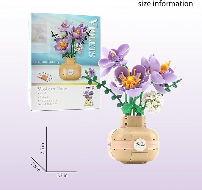Purple Flower Bouquet Building Blocks Set Violet with Vase for Friends (Adults or Kids Age of 8+) Mini Bricks Botanical Collection Bonsai Tree Plants Ornament Sets for Girls or Women 539PCS