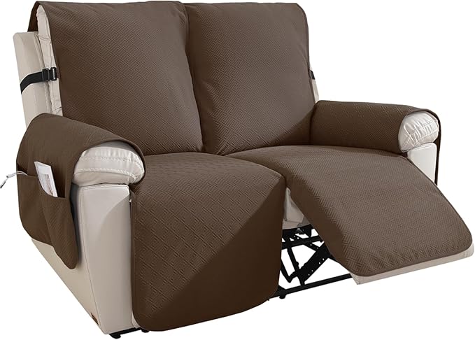 Easehomey 100% Waterproof Recliner Loveseat Covers Non-Slip Sofa Cover for Reclining Couch 2 Seat, Recliner Couch Cover Furniture Protector for Kids Pets with Elastic Band Two Pockets (Coffee, 2 Seat)