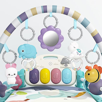Jovow Baby Gym with Musical Piano,Baby Play Mat Tummy Time Baby Activity Gym Mat with 5 Infant Learning Sensory for Baby, Music and Lights Boy or Girl for Newborn (Green)