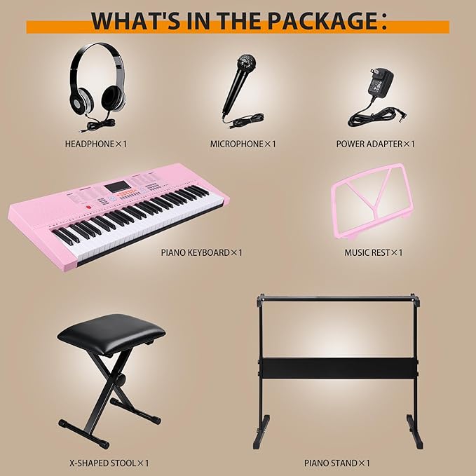 Smartxchoices 61-Key Electronic Keyboard Piano Stand Portable LED Display Keyboard Kit with Adjustable Stand, Adjustable Stool, Headphones, Microphone & Music Rest, Pink